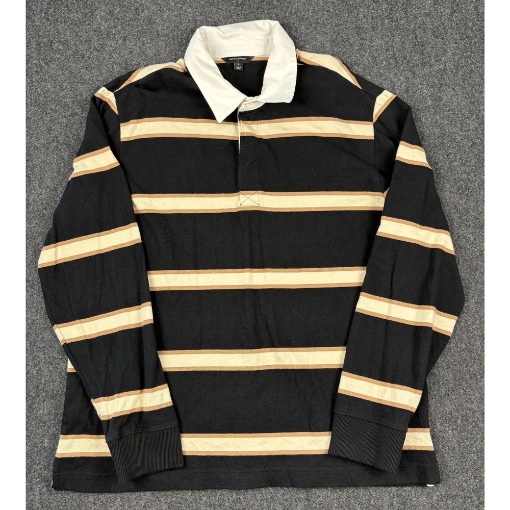 Banana Republic Mens L Rugby Shirt Black Tan Striped Long Sleeve 782343-00